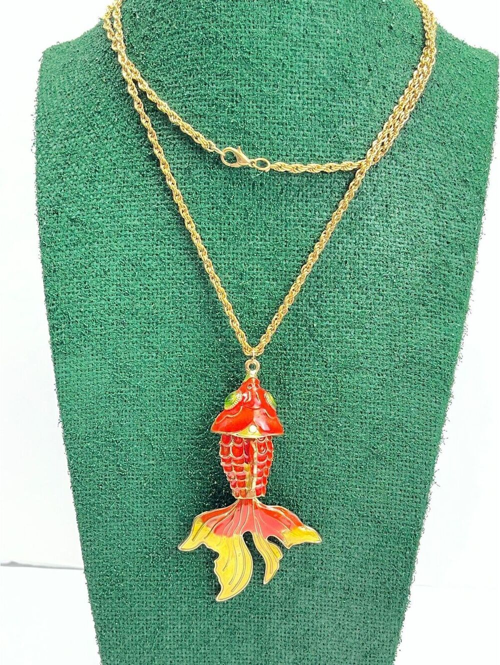 #122 Mid Century Cloisonné Articulated Koi Fish Pendant Necklace 32” Orange